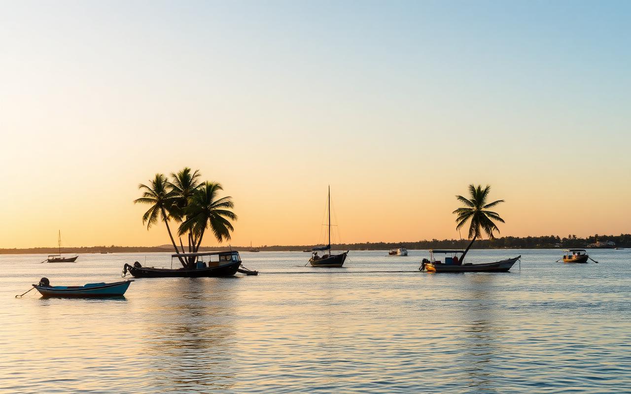 Batticaloa Sri Lanka lagoon at golden hour with calm water, traditional fishing boats, palm trees and distant low-rise town buildings