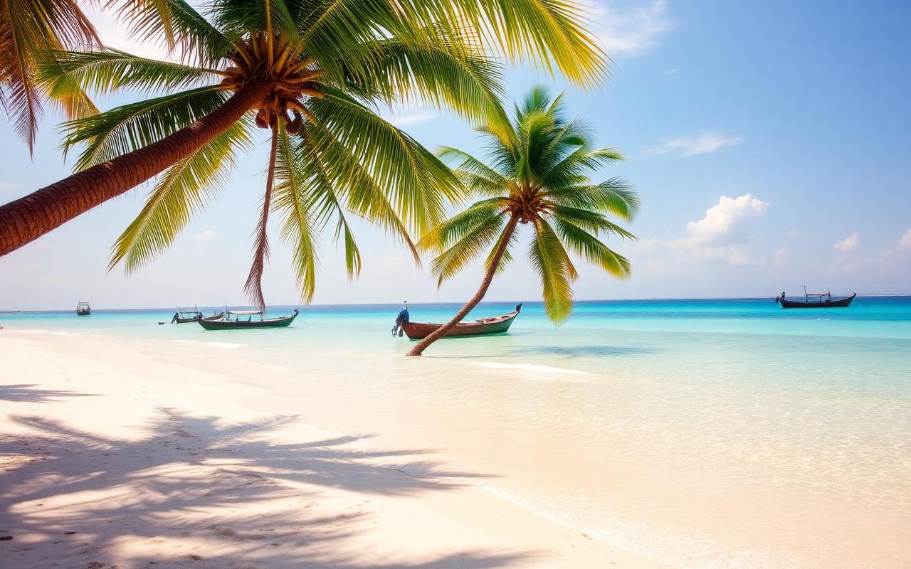 Pasikuda Beach Sri Lanka with calm shallow turquoise sea, white sand, leaning palm trees and traditional fishing boats in soft afternoon light
