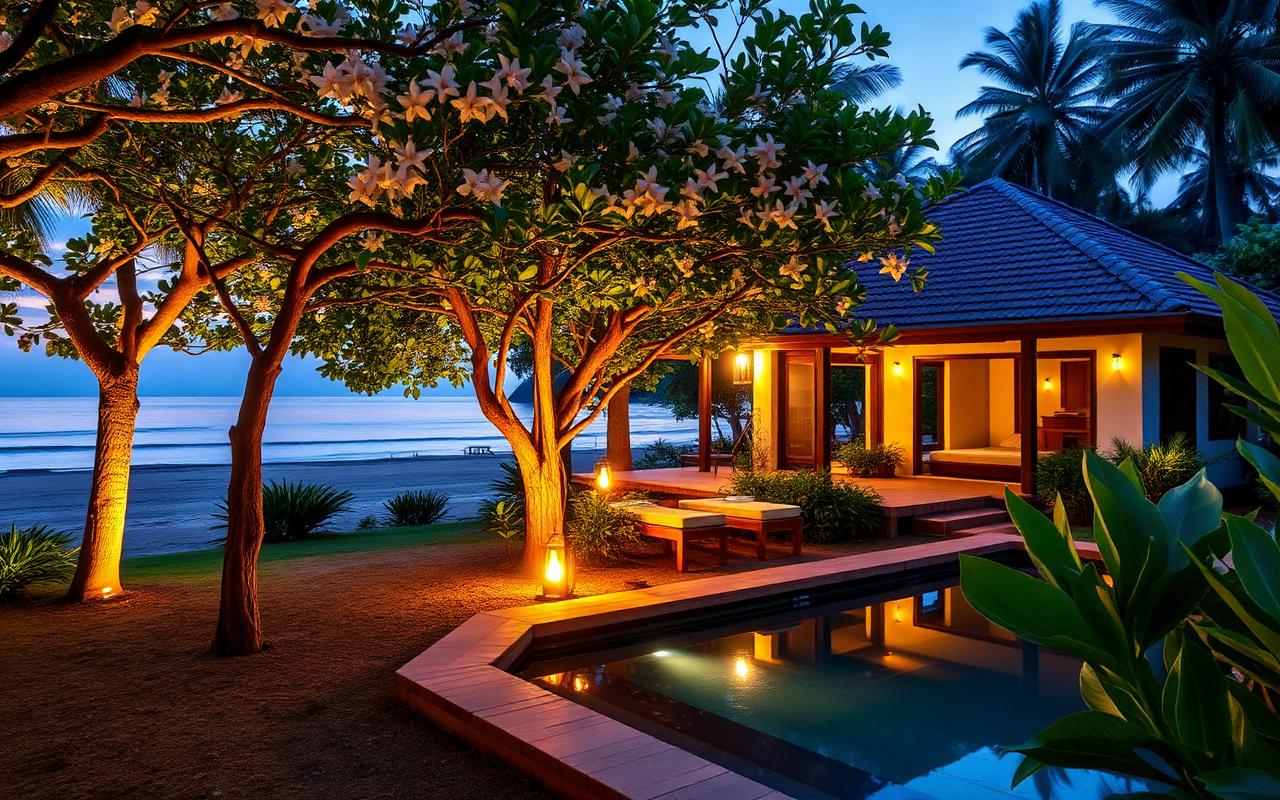 Boutique Pasikuda Sri Lanka villa garden at evening with frangipani tree, calm pool and warm lantern light by the sea