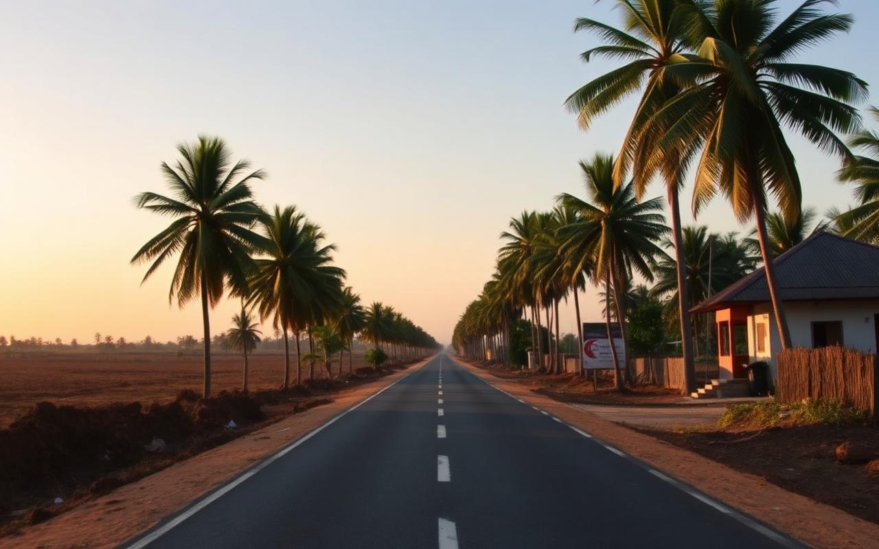 Quiet inland road through Kiran near Pasikuda Sri Lanka at golden hour with palm trees lining a rural road and a simple roadside guesthouse