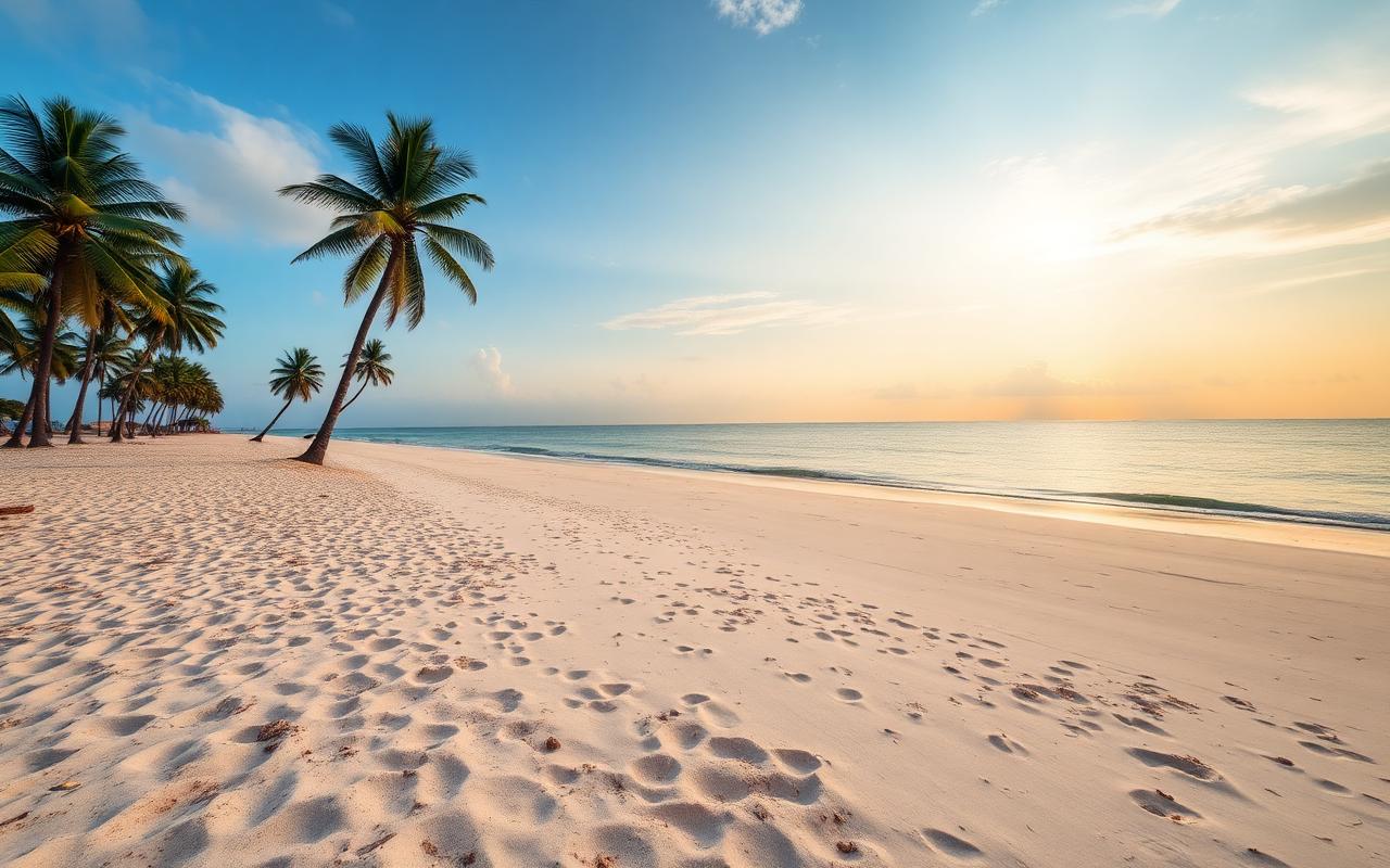 Kalkudah Beach near Pasikuda Sri Lanka at sunrise with quiet white sand, calm turquoise water, scattered palm trees and a peaceful uncrowded atmosphere