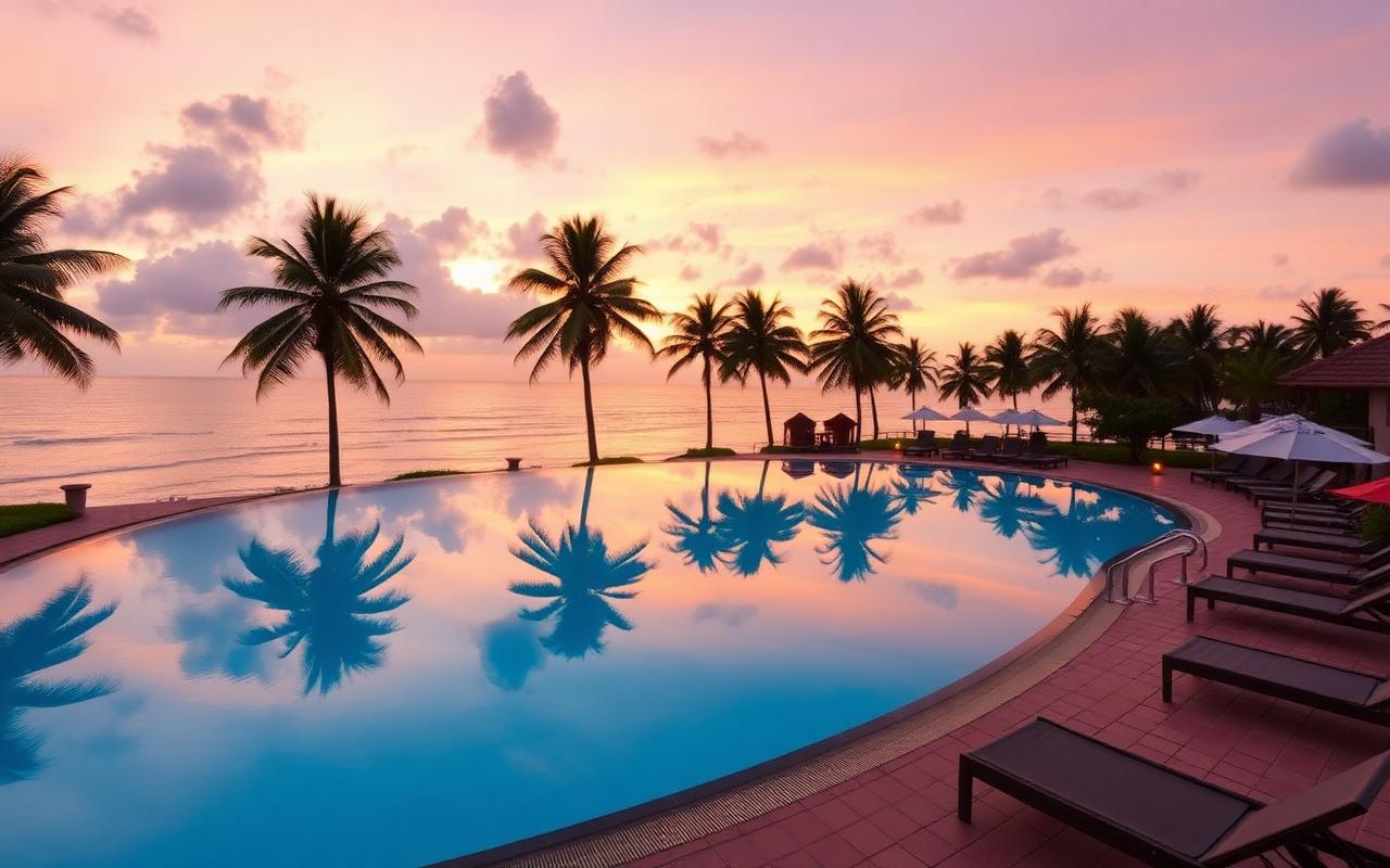 Pasikuda east coast resort pool at sunset with palm trees, sun loungers and calm sea in soft pink and gold light