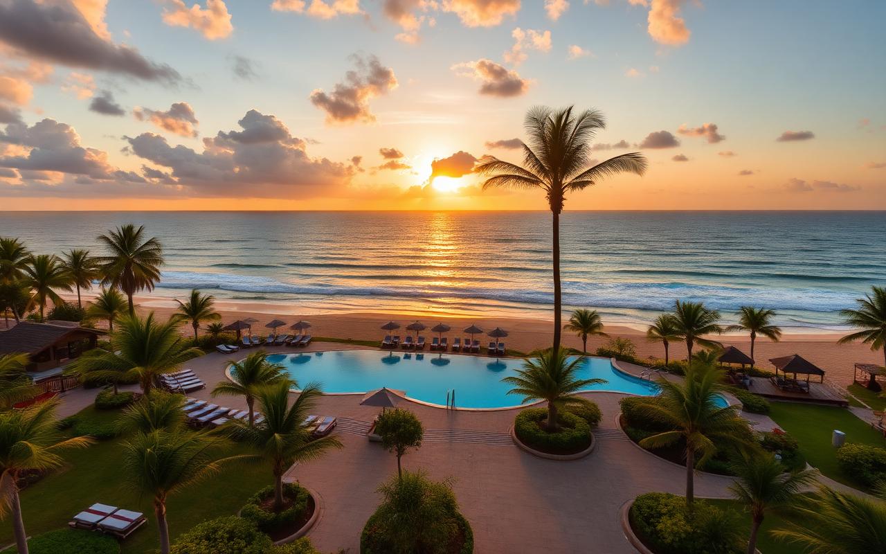 Pasikuda east coast resort strip in Sri Lanka at sunset with a large beachfront resort, infinity pool, palm trees and calm sea