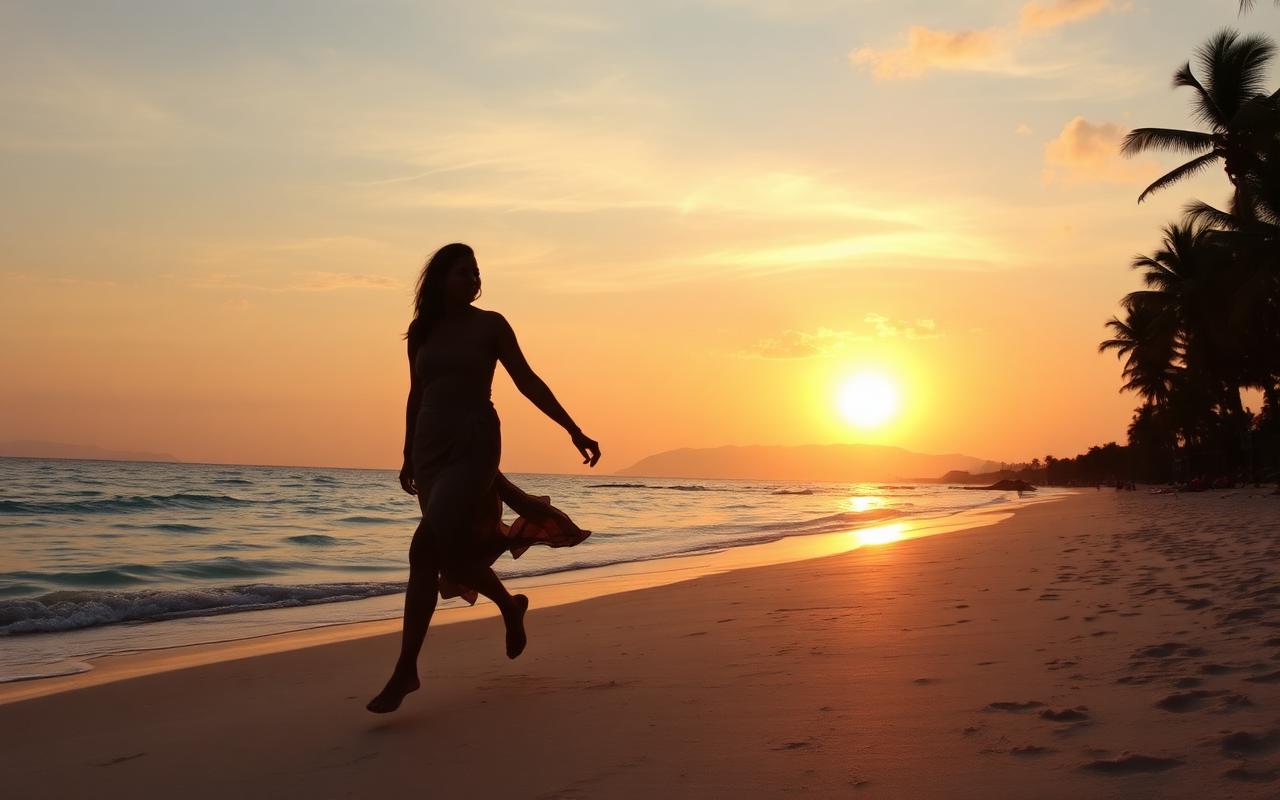 Romantic Pasikuda Sri Lanka sunset on the beach with a silhouette walking on white sand by calm sea