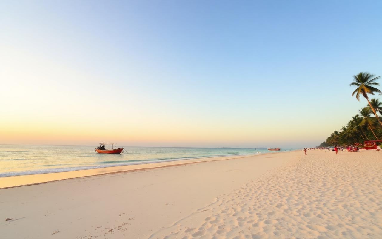 Trincomalee Uppuveli Beach Sri Lanka at sunrise with long stretch of white sand, calm clear blue water and palm trees in a peaceful east coast setting
