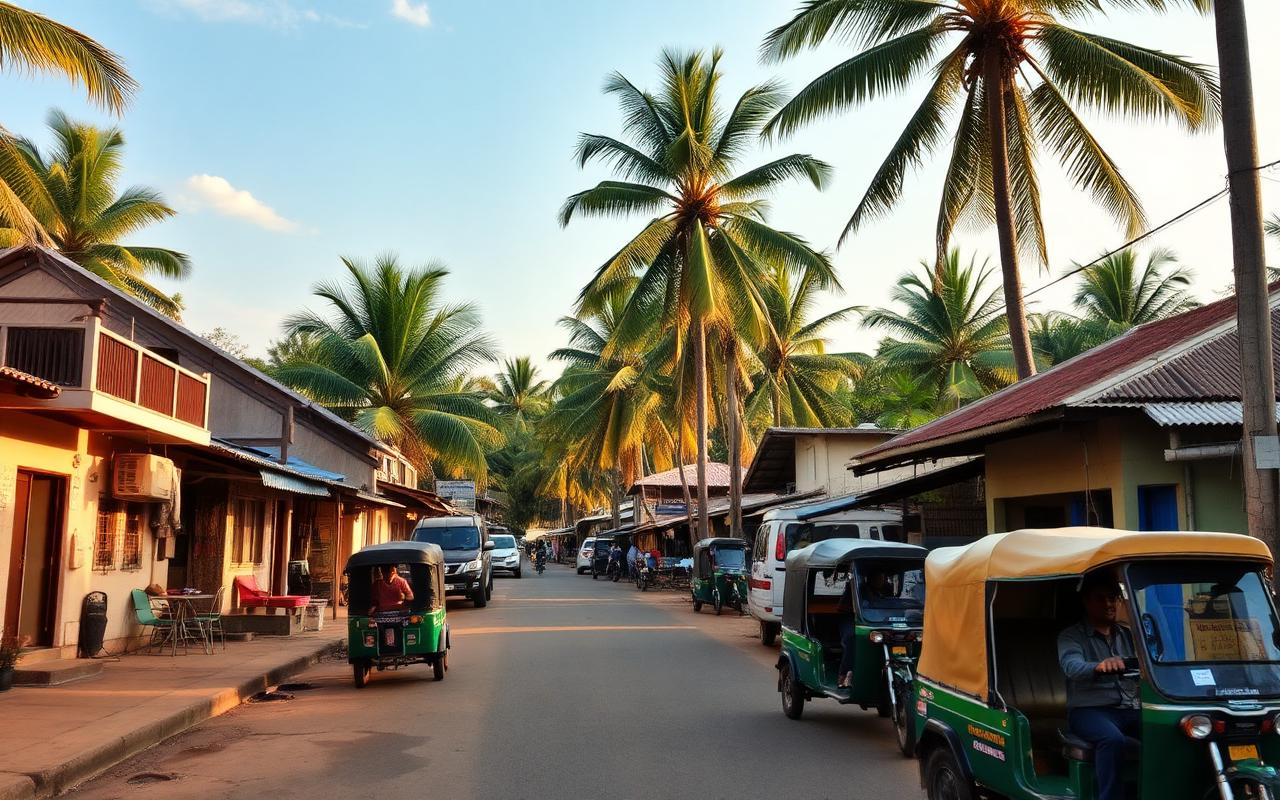 Valaichchenai town near Pasikuda Sri Lanka in afternoon light with palm-lined street, modest local shops and tuk-tuks in a relaxed east coast setting