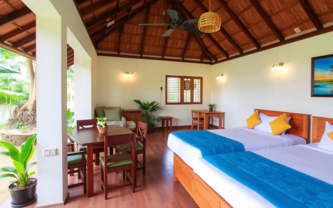 Family-friendly small hotel in Pinnawala Sri Lanka with garden, simple dining area, kids play space and tropical green setting