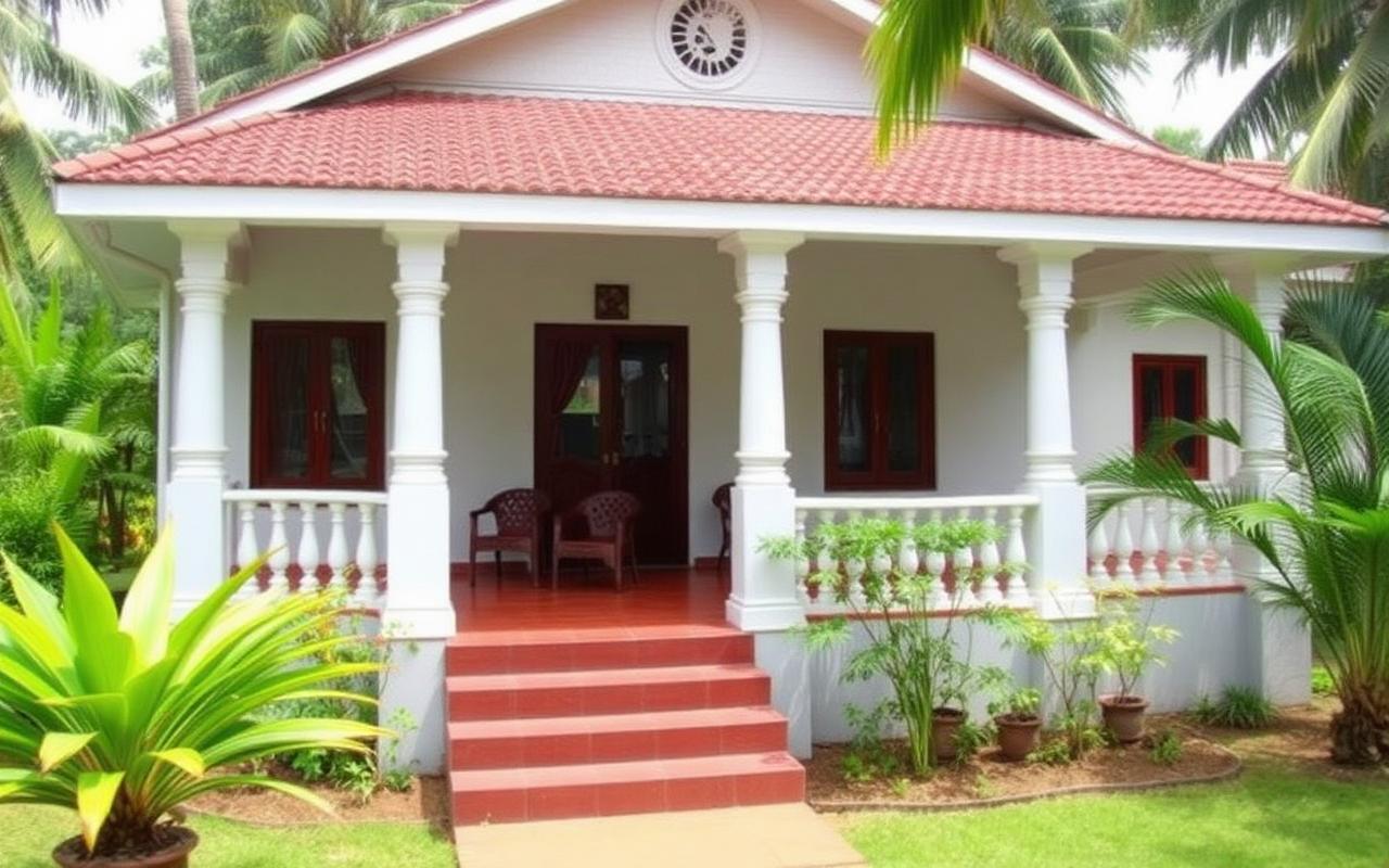 Local family run guesthouse in Pinnawala Sri Lanka with white painted house, veranda, tropical garden and palm trees