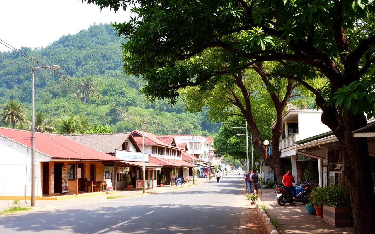 Kegalle inland Sri Lankan town with shops, tropical green hills behind and a quiet street, road link toward Pinnawala