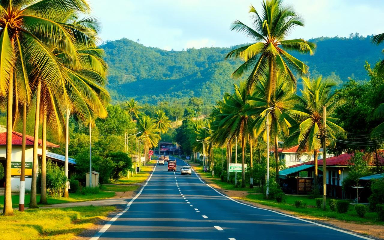 Mawanella Sri Lanka small inland town along the Colombo Kandy main road with palm trees, green hills and passing vehicles