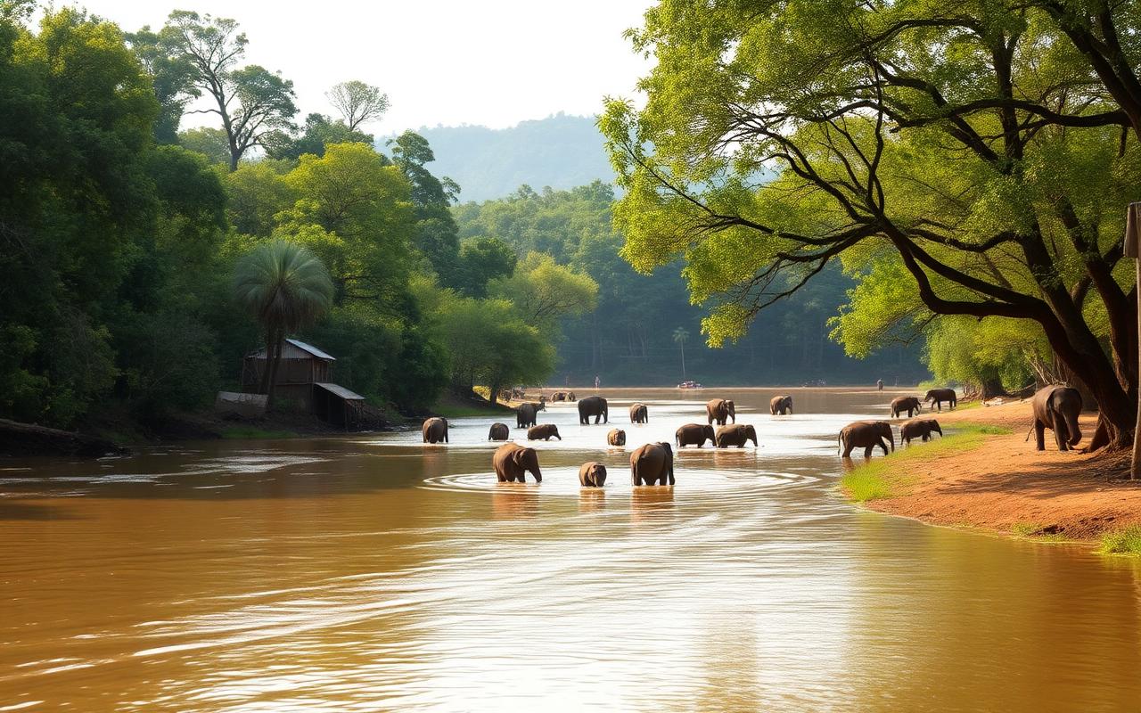 Pinnawala Elephant Orphanage area Sri Lanka with elephants by the Maha Oya river and lush green riverside