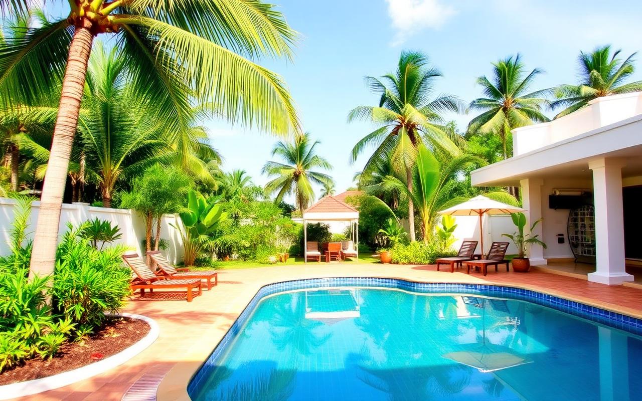Small garden cabana style reference near Pinnawala Sri Lanka with palm trees and tropical setting