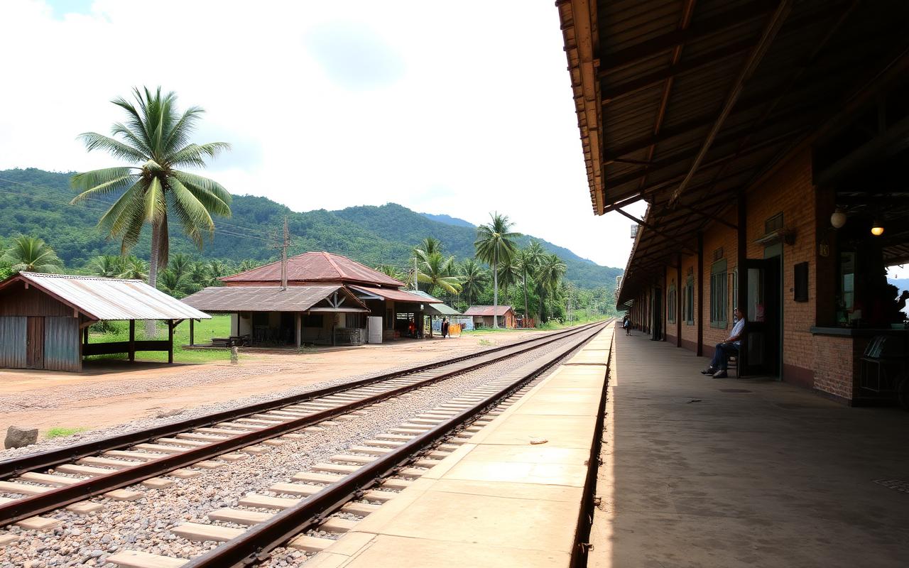 Rambukkana railway station Sri Lanka small inland town with old railway platform, palm trees and green hills