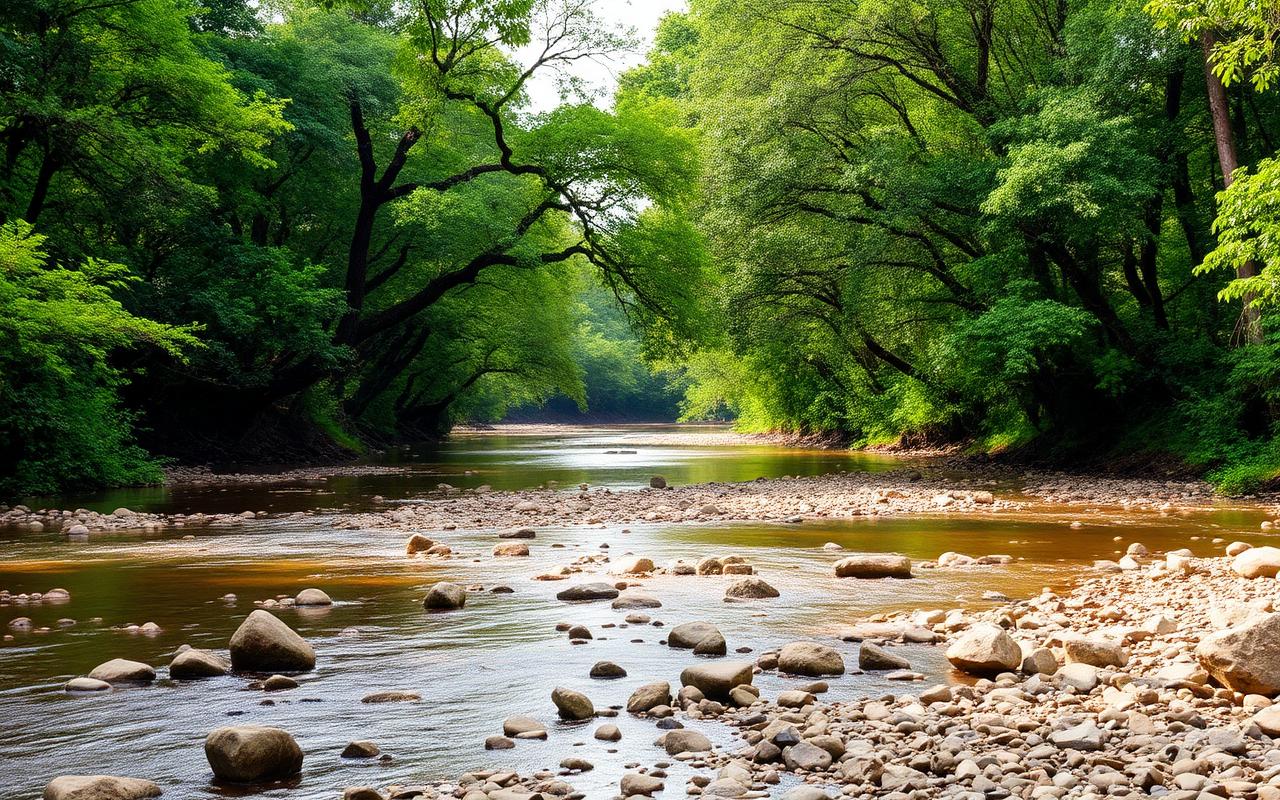 Hotel reference near the Maha Oya river in Pinnawala Sri Lanka with rocky riverbed and green riverside trees