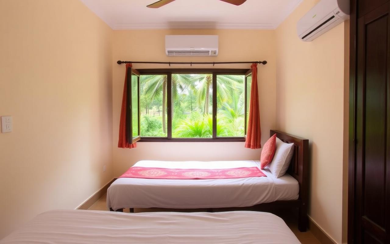 Simple cozy hotel room reference in Pinnawala Sri Lanka with bed and window opening to tropical green view