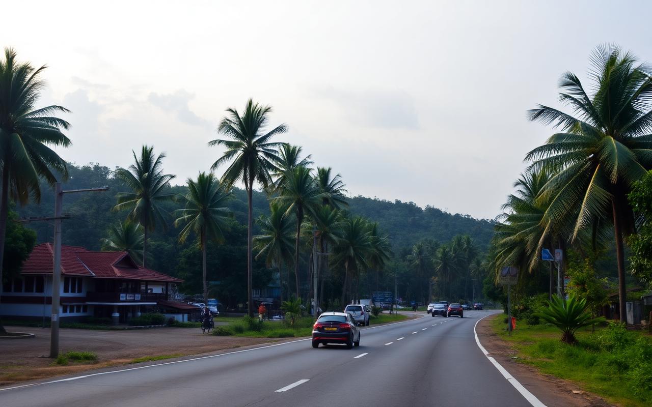 Colombo to Kandy main road A1 in inland Sri Lanka near Pinnawala with palm trees, modest hotels and passing cars