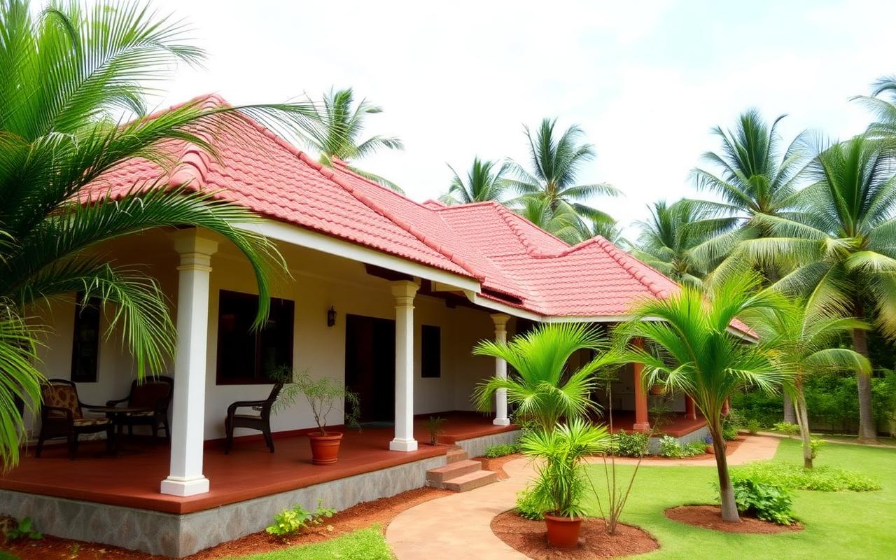 Holiday villa bungalow near Pinnawala Sri Lanka with red tiled roof, veranda, tropical garden and palm trees