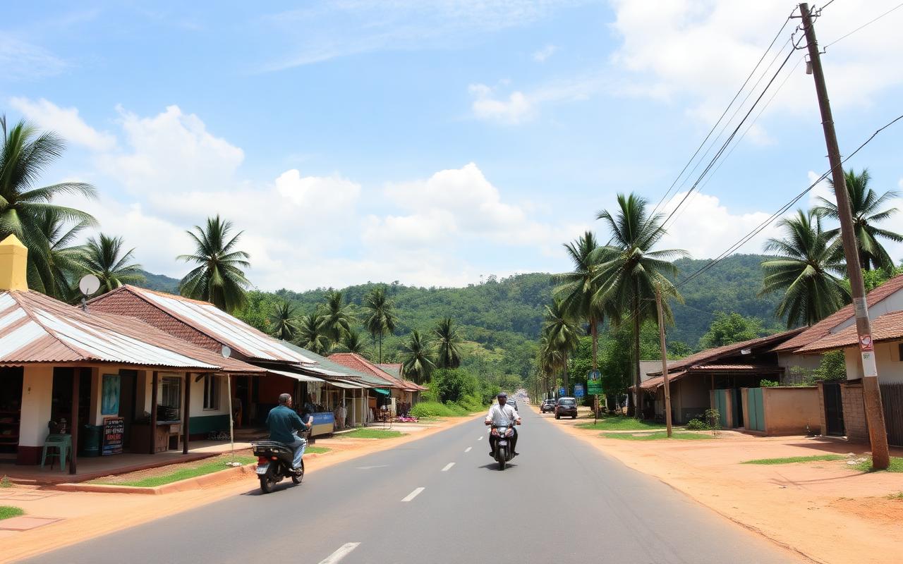 Pinnawala village street Sri Lanka with simple local shops, three-wheelers, palm trees and inland green hills