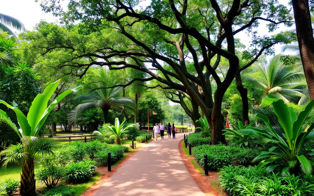 Lush tropical green park area near Pinnawala Open Zoo Sri Lanka with shaded walking paths and family visitors