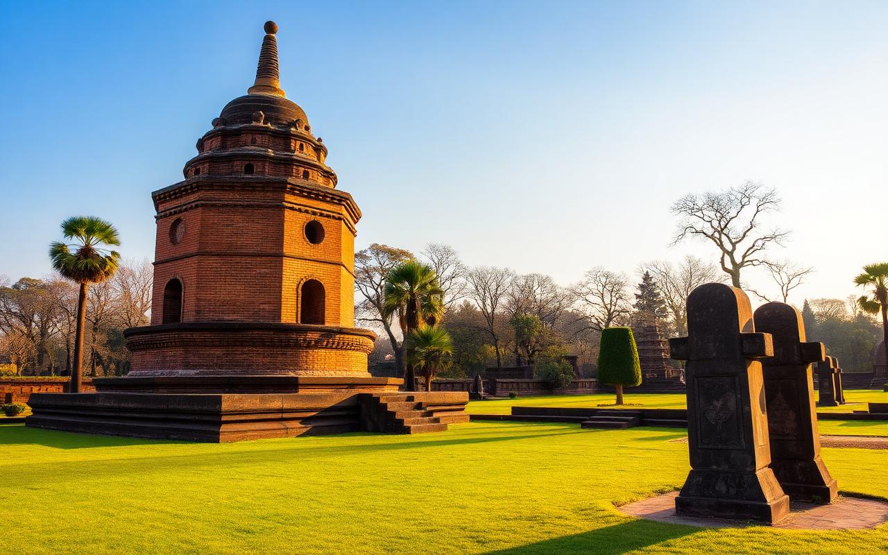 Polonnaruwa Ancient City Sri Lanka ruins with ancient brick stupa Rankoth Vehera, stone Vatadage carved guardstones and dry-zone trees in golden afternoon light