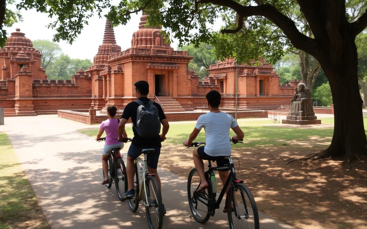 Cyclists riding rental bicycles past brick stupa ruins and stone Buddha statue on shaded path through Polonnaruwa Ancient City Sri Lanka