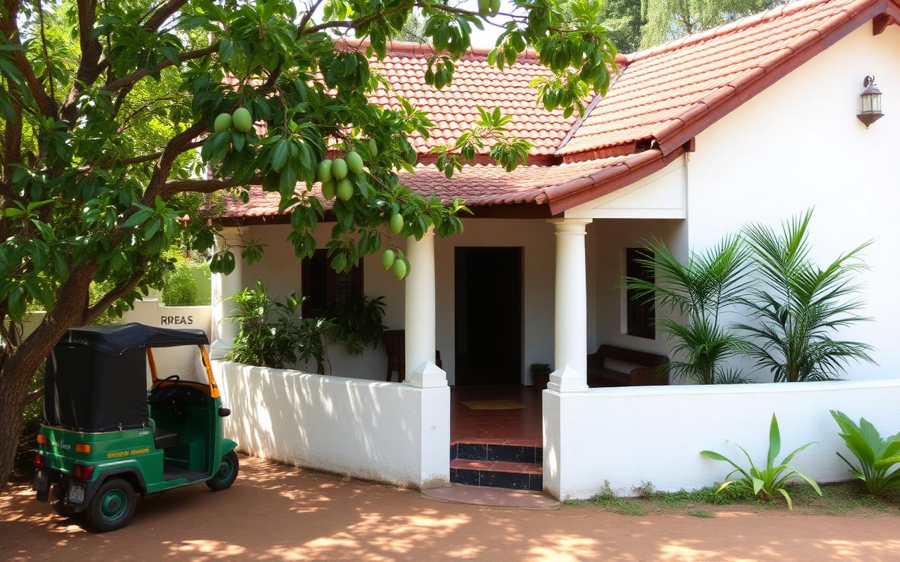 Outside-town guesthouse near Polonnaruwa Sri Lanka with whitewashed walls, terracotta tiled roof, leafy garden with mango and palm trees and parked tuk-tuk