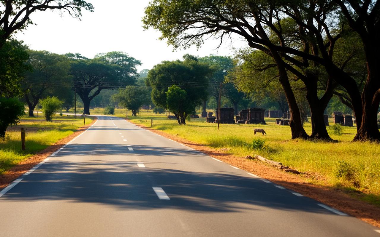 Quiet rural road from Polonnaruwa toward Habarana Sri Lanka through dry-zone savanna with scattered ancient brick stupa ruins among trees in warm afternoon light