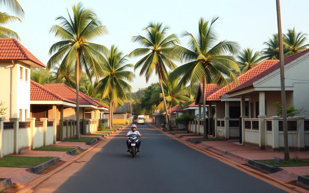 Polonnaruwa Kadawala new town residential road Sri Lanka with modest local houses, terracotta roofs, palm trees and parked motorcycle in warm tropical afternoon light