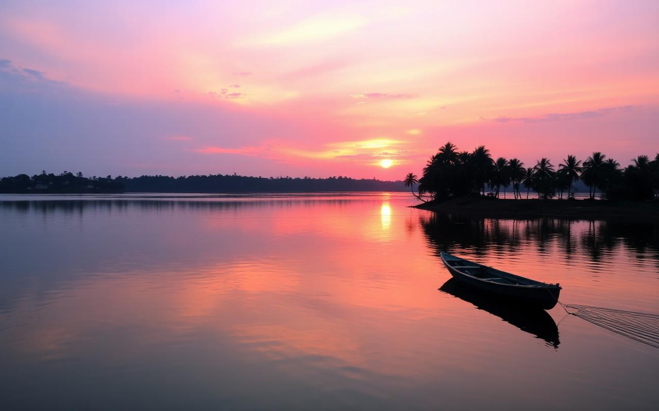Parakrama Samudra reservoir Polonnaruwa Sri Lanka at sunset, vast calm lake reflecting pink and gold sky with palm trees on the shoreline and small fishing boat