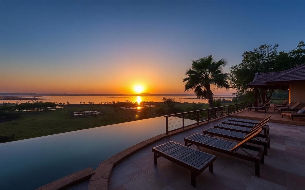 Lake-side hotel near Parakrama Samudra Polonnaruwa Sri Lanka with low-rise terrace, wooden loungers and infinity pool overlooking the vast calm reservoir at sunset