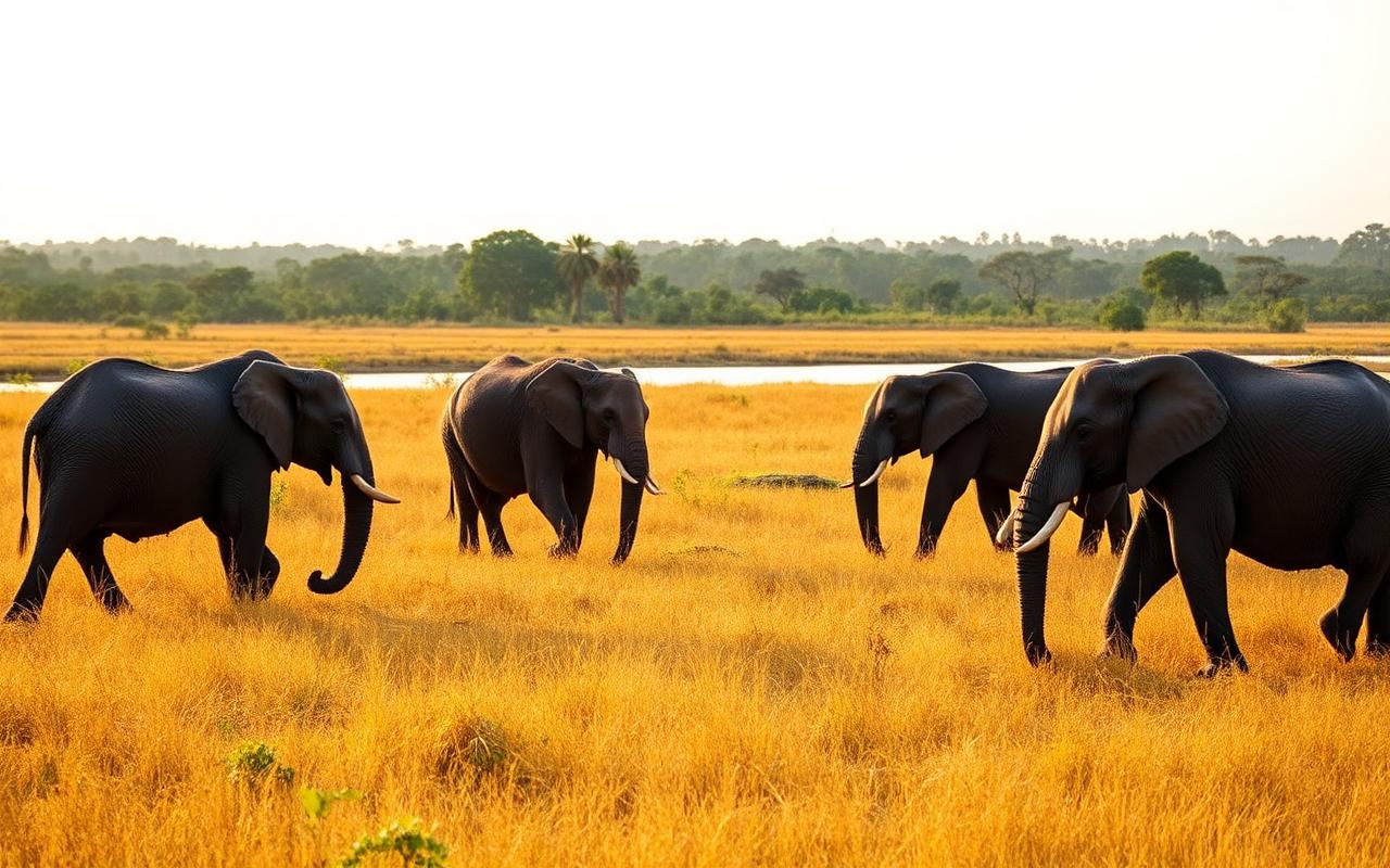 Minneriya National Park near Polonnaruwa Sri Lanka with wild Sri Lankan elephants grazing in golden grassland near a large reservoir at warm late afternoon safari light