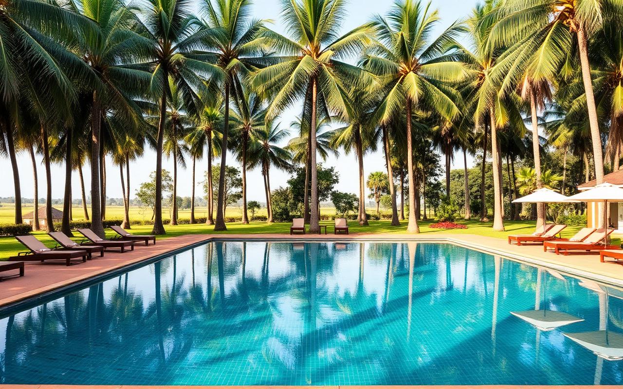 Family-friendly hotel in Polonnaruwa Sri Lanka with large rectangular outdoor pool surrounded by tall coconut palms and dry-zone trees with sun loungers