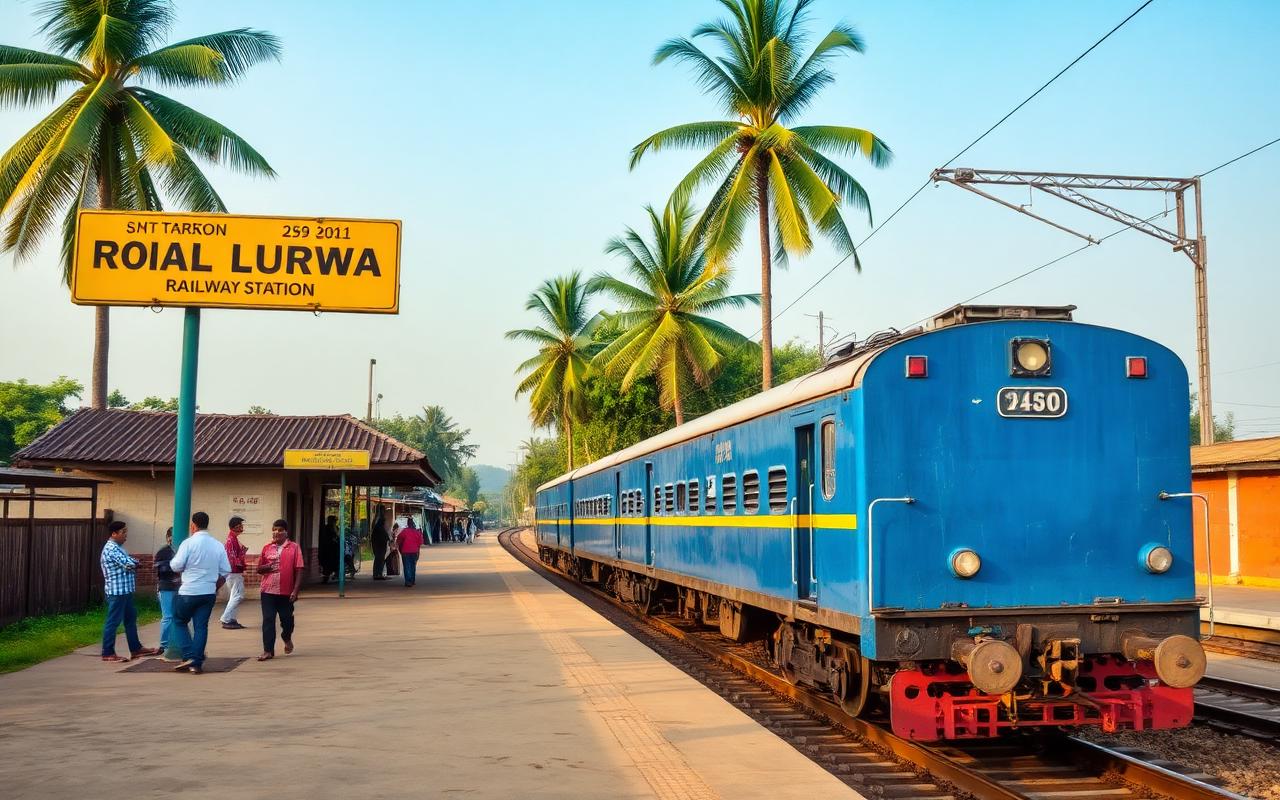 Polonnaruwa railway station Sri Lanka small rural train station with yellow signboard, palm trees, blue commuter train and locals waiting on quiet platform