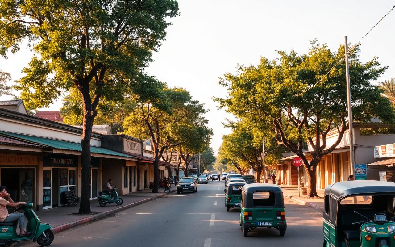 Polonnaruwa town main street Sri Lanka with low-rise local shops, parked tuk-tuks, leafy roadside trees and small-town Cultural Triangle atmosphere