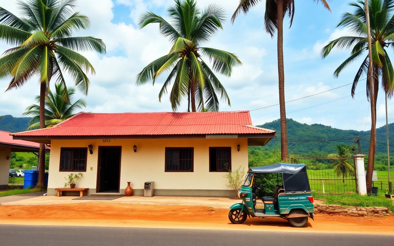 Small budget local hotel on main road near Rambukkana Sri Lanka with simple facade, palm trees and inland green hills