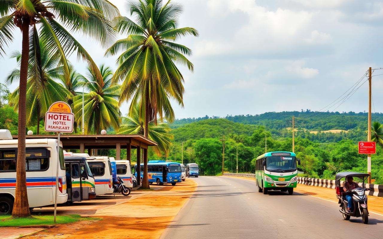 Small bus stand area in Rambukkana Sri Lanka with parked local buses, palm trees, modest hotel signs and inland scenery