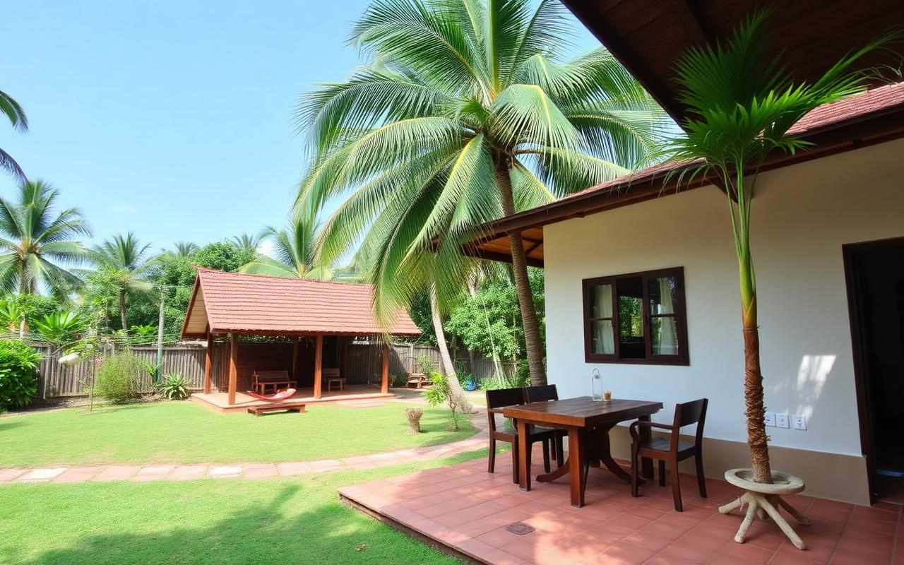 Family friendly small hotel near Rambukkana Sri Lanka with garden, simple dining area, kids play space, palm trees and tropical green setting