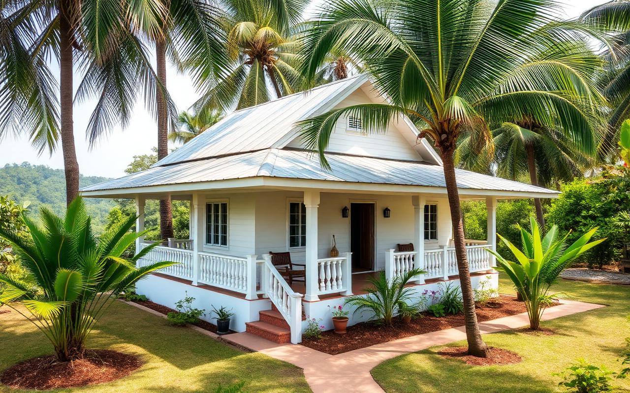 Family run small guesthouse in Rambukkana Sri Lanka with white painted house, veranda, tropical garden and palm trees