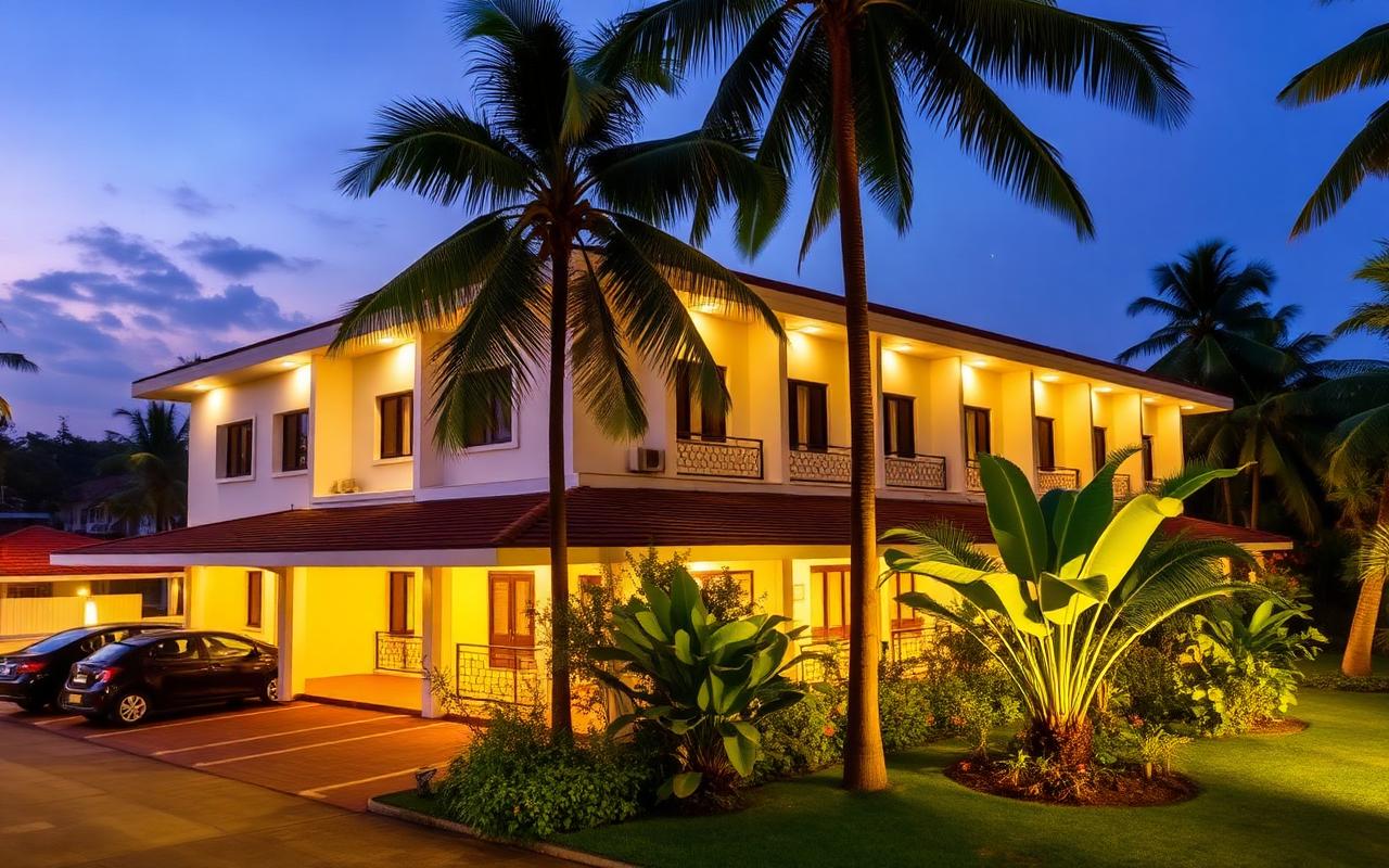 Town centre hotel reference in Rambukkana Sri Lanka with simple modern facade, parking and palm trees