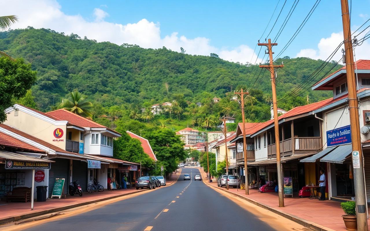 Kegalle inland Sri Lankan town with shops, tropical green hills behind and a quiet street, road link toward Rambukkana