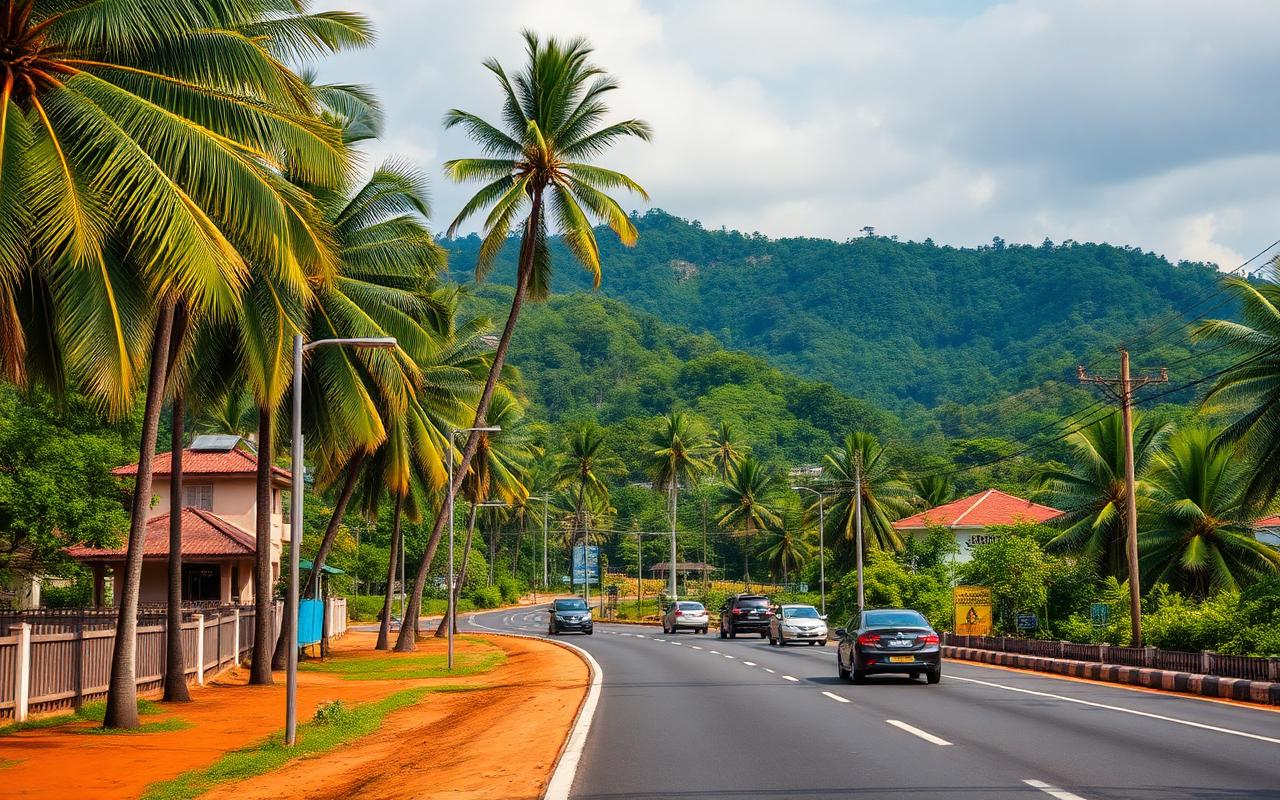 Mawanella Sri Lanka small inland town along the Colombo Kandy main road with palm trees, green hills and passing vehicles
