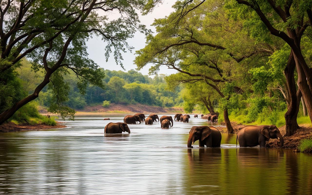 Pinnawala Sri Lanka inland village area near Rambukkana with Maha Oya river, lush riverside trees and respectful distant view of elephants bathing in the river