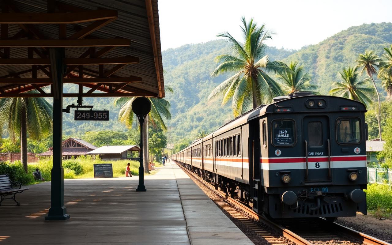 Old Rambukkana railway station Sri Lanka with platform, signal post, palm trees and inland green hills