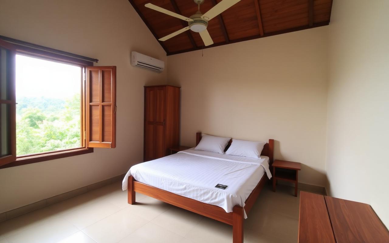 Cozy simple double bed hotel room in a Rambukkana guesthouse Sri Lanka with plain decor and window opening to tropical green inland scenery