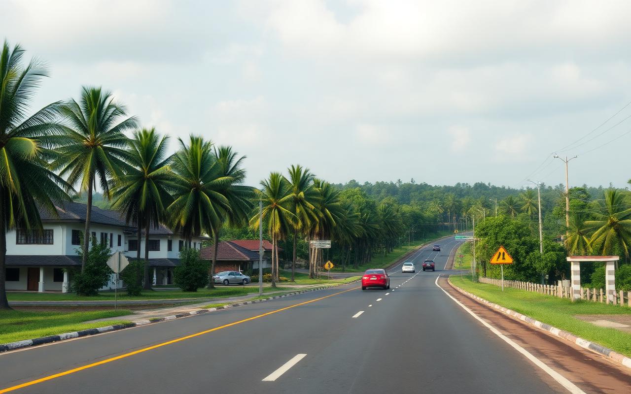 Colombo to Kandy main road A1 in inland Sri Lanka near Rambukkana with palm trees, modest roadside hotels and passing cars