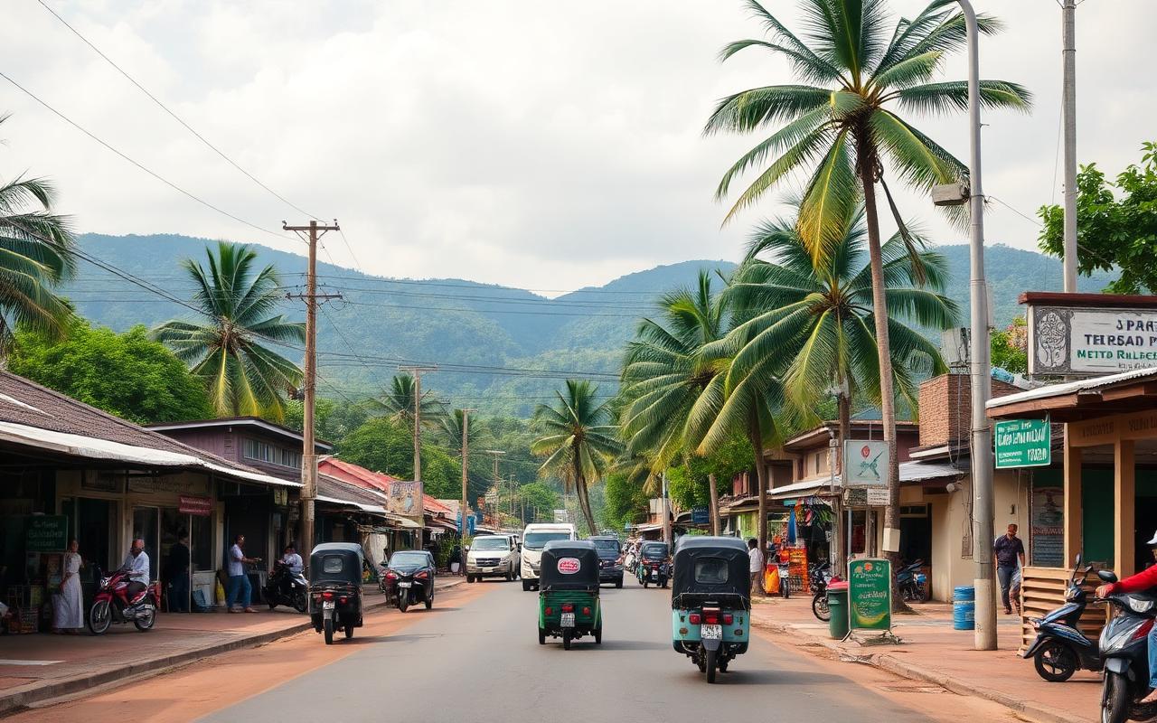Rambukkana town centre street Sri Lanka with small local shops, three-wheelers, palm trees and inland green hills