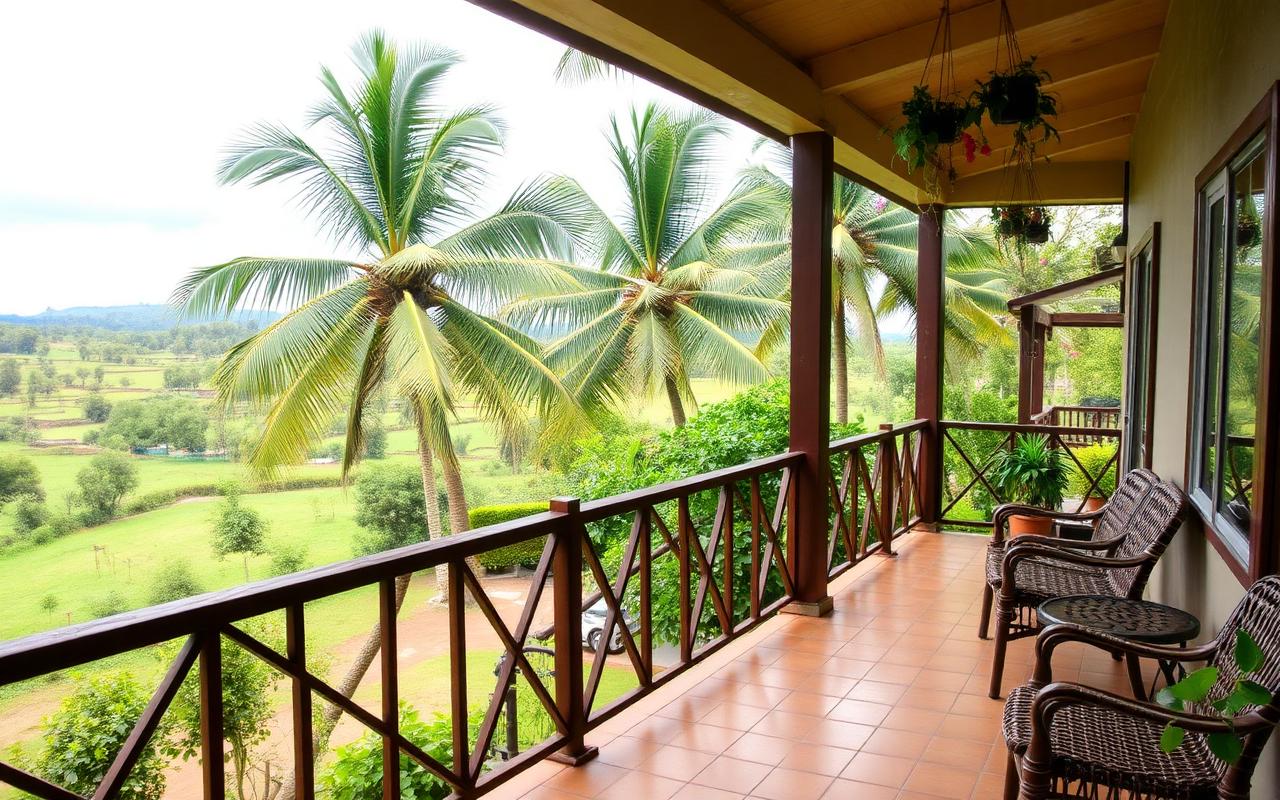 Holiday resort style veranda reference near Rambukkana Sri Lanka with garden, palm trees and inland view