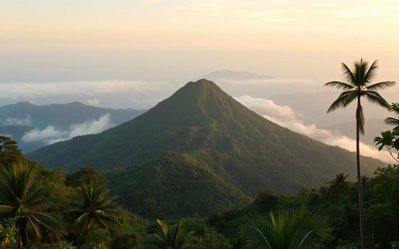 Adam's Peak Sri Pada conical mountain Sri Lanka seen from a tea-country valley with green slopes, mist and warm sunset light