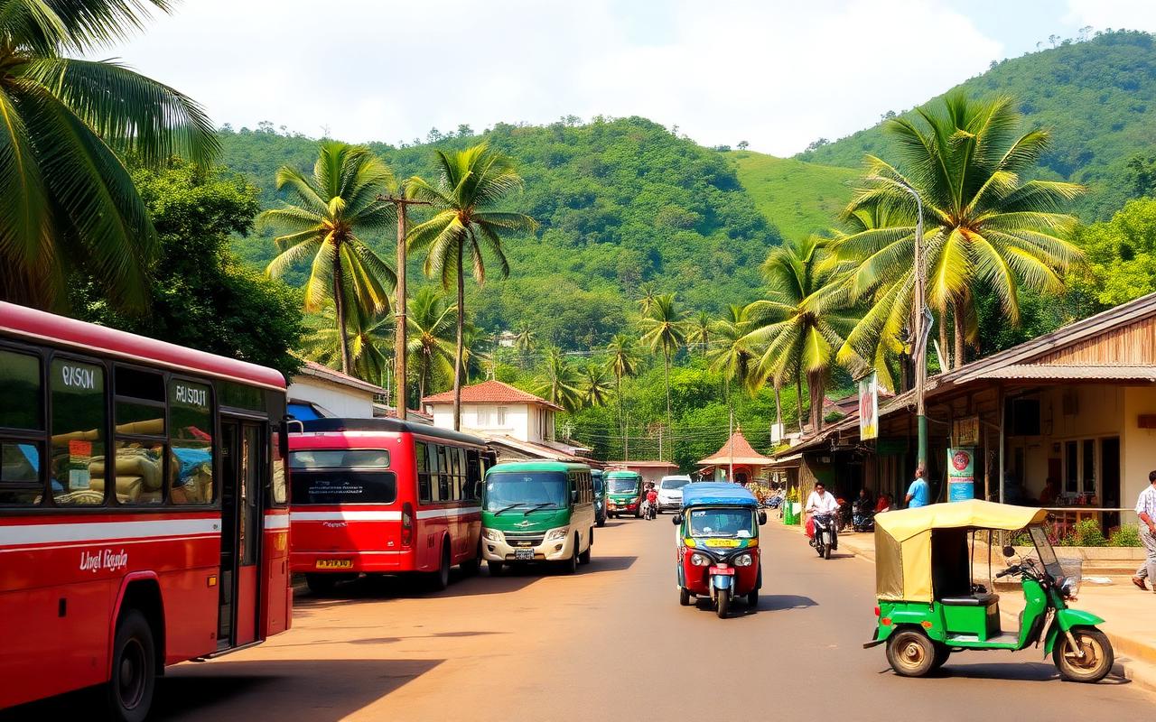 Ratnapura bus stand and main road Sri Lanka with red and white buses, tuk-tuks, small shops, palm trees and lush green hills behind