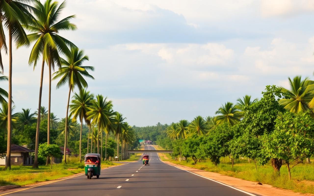Inland Sri Lankan road heading toward Eheliyagoda and Colombo with palm trees, lush greenery and low-rise local buildings in warm afternoon light